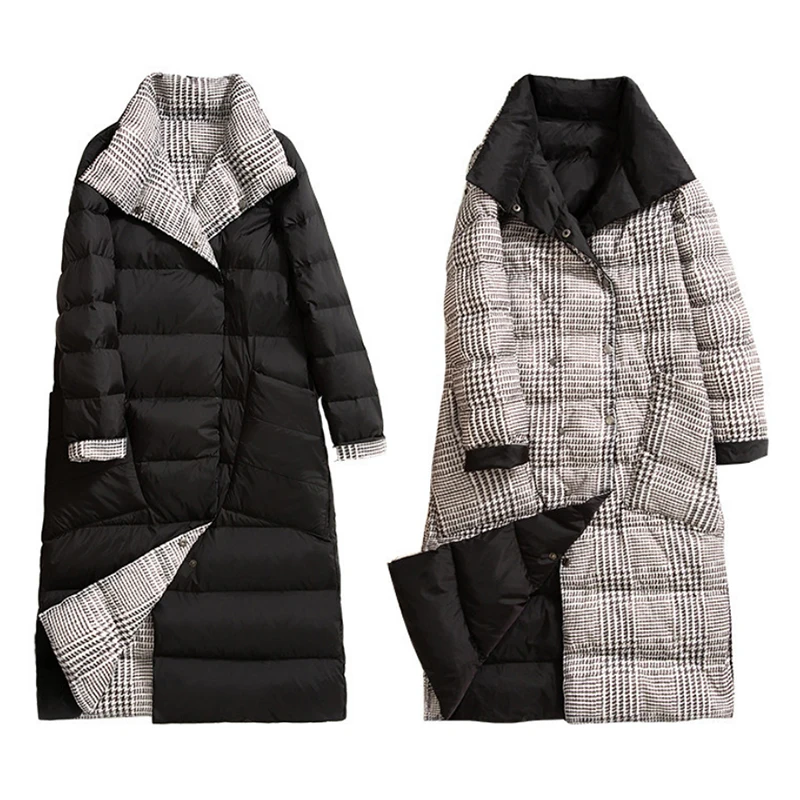 Женская длинная куртка пуховик с двойными бортами зимняя приталенная воротником