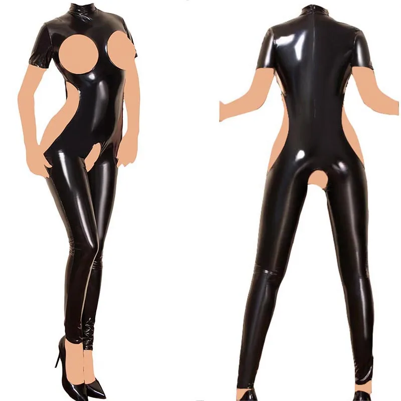 

Black Women PVC Leather Open Cup Crotchless Jumpsuit Catsuit Bodysuit Wet Look Latex Style Mistress Fetish Costume