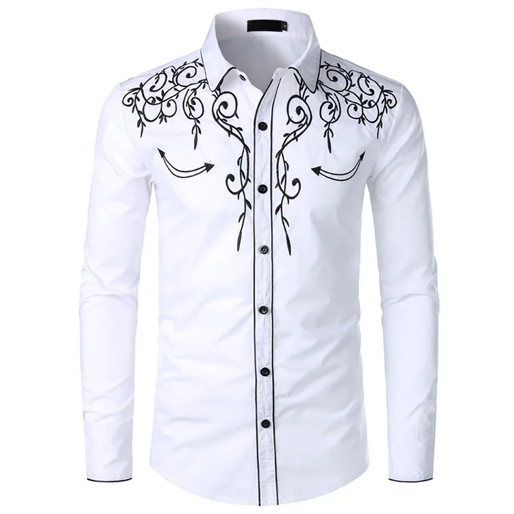 

2019 Autumn New Fashion Embroidered Men's Shirt American West Style Youth Slim Long Sleeve Men's Shirt Wedding Party