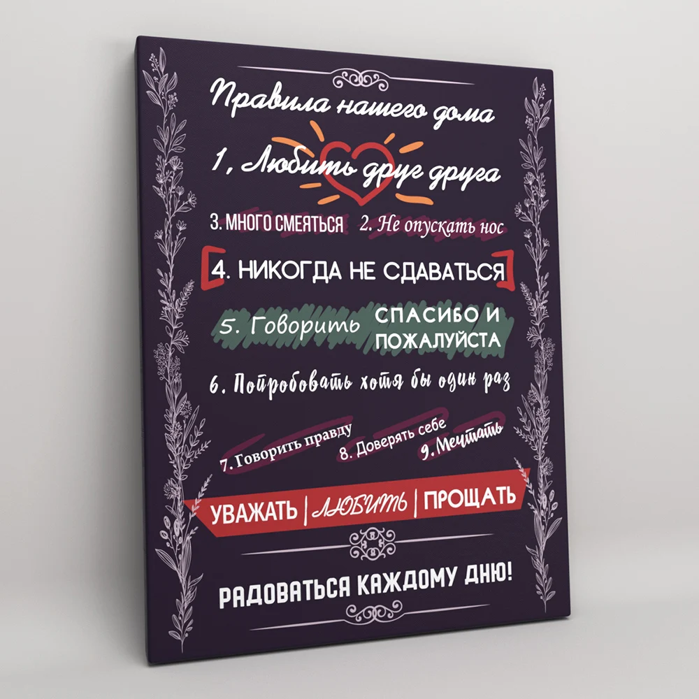 Плакат на холсте для декора дома рисунок в кухне "Правила дома" на деревянной раме размером 30x40 см.