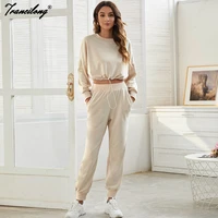 sports wear tracksuits crop top shirring fall 2021 womens fashion loose two pieces pants set pullover casual vacation outfits