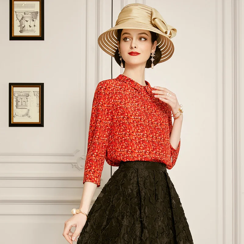 

SHZQ 2021 Summer Clothes New Red Broken Flower Silk Shirt Women's Fashion Mulberry Silk Top Shows Thin Temperament and Foreign S