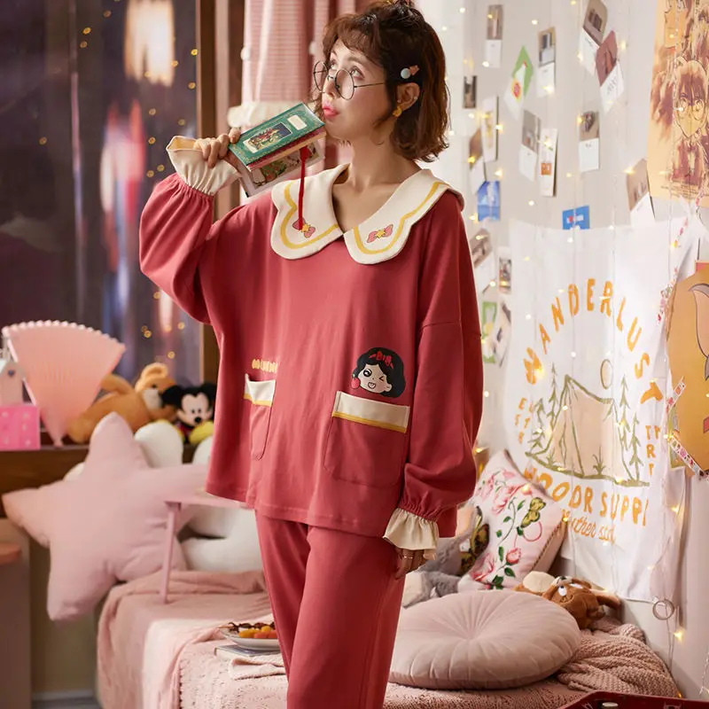 Pajamas Women's Summer Cotton Long-sleeved Suit Cute Princess Style Can Be Worn Outside Spring and Autumn Home Clothes