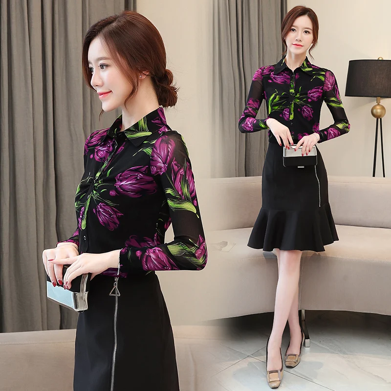 COIGARSAM Повседневная рубашка с принтом женские топы весна длинный рукав шифон