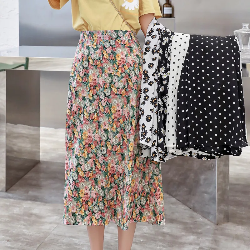 Женская юбка с цветочным принтом летняя и осенняя миди высокой талией