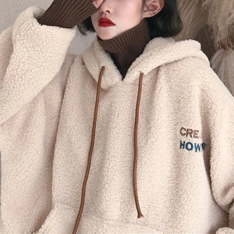 

Women Hoodies Lamb Wool Fake Two-piece Hooded Sweatshirts 2021 Knitted Halter Tops Coats Ladies Winter Autumn Warm Pullovers