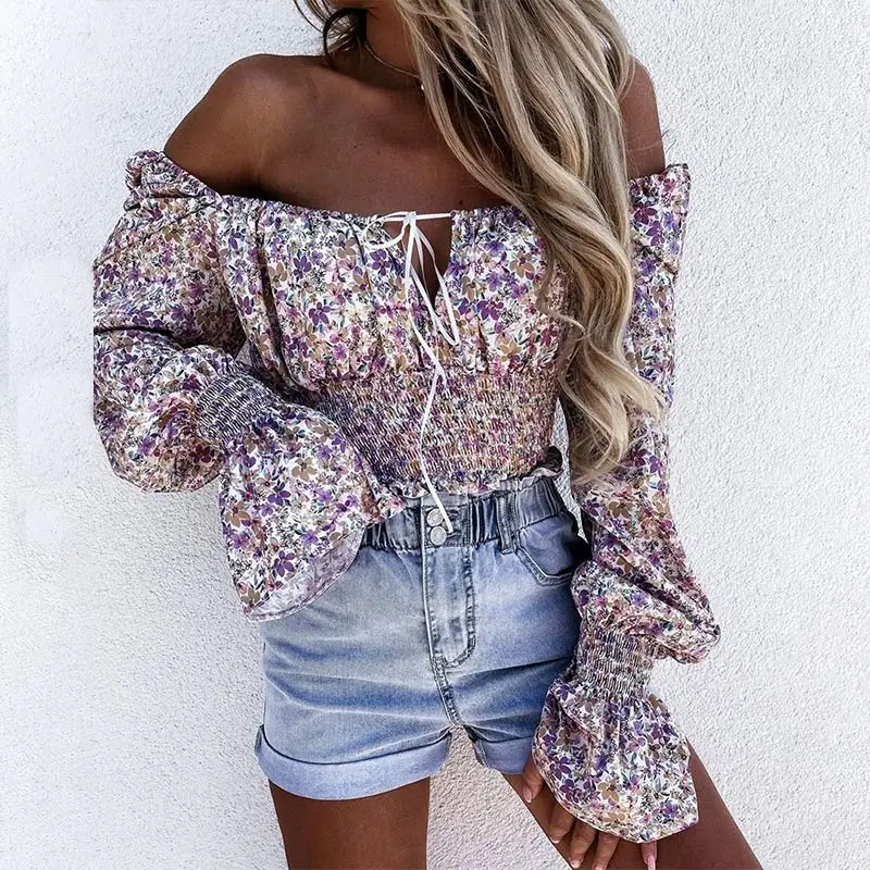 

All-Match Retro Print Shirts Lantern Top Elegant Romance Vintage Sexy Slim Polyester Sleeve Crop Tops Fashion Off the Shoulder