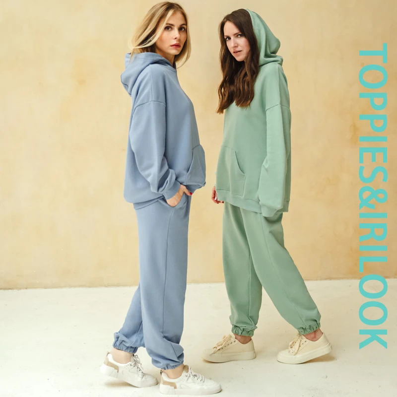 

Toppies 2021 Women Hoodies and Sweatpants White Tracksuits Female Two Piece Set Solid Color Pullovers Jacket Lounge Wear Casual