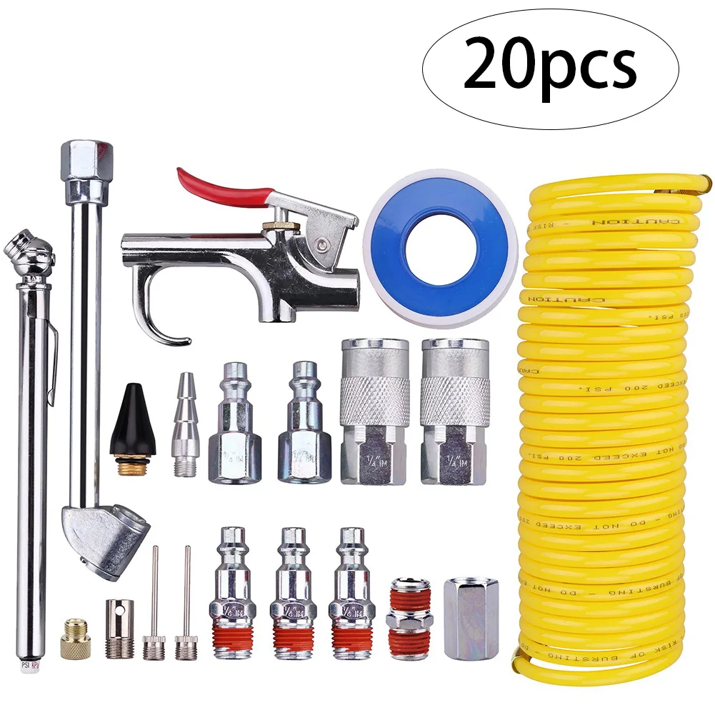 

20 Pieces Air Compressor Accessory Kit NPT Air Tool Kit With 1/4 Inch X 24.6Ft Coil Nylon Hose/Tire Gauge Pneumatic Tool