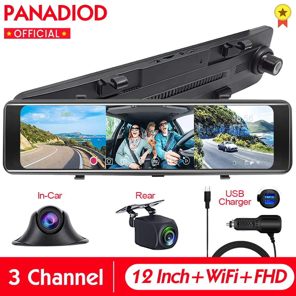 Зеркало-видеорегистратор автомобильное трехканальное с сенсорным экраном 12