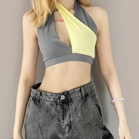 summer gray sleeveless backless crop tops woman caims halter sexy bodycon tank top club party ladies color block bustier tops