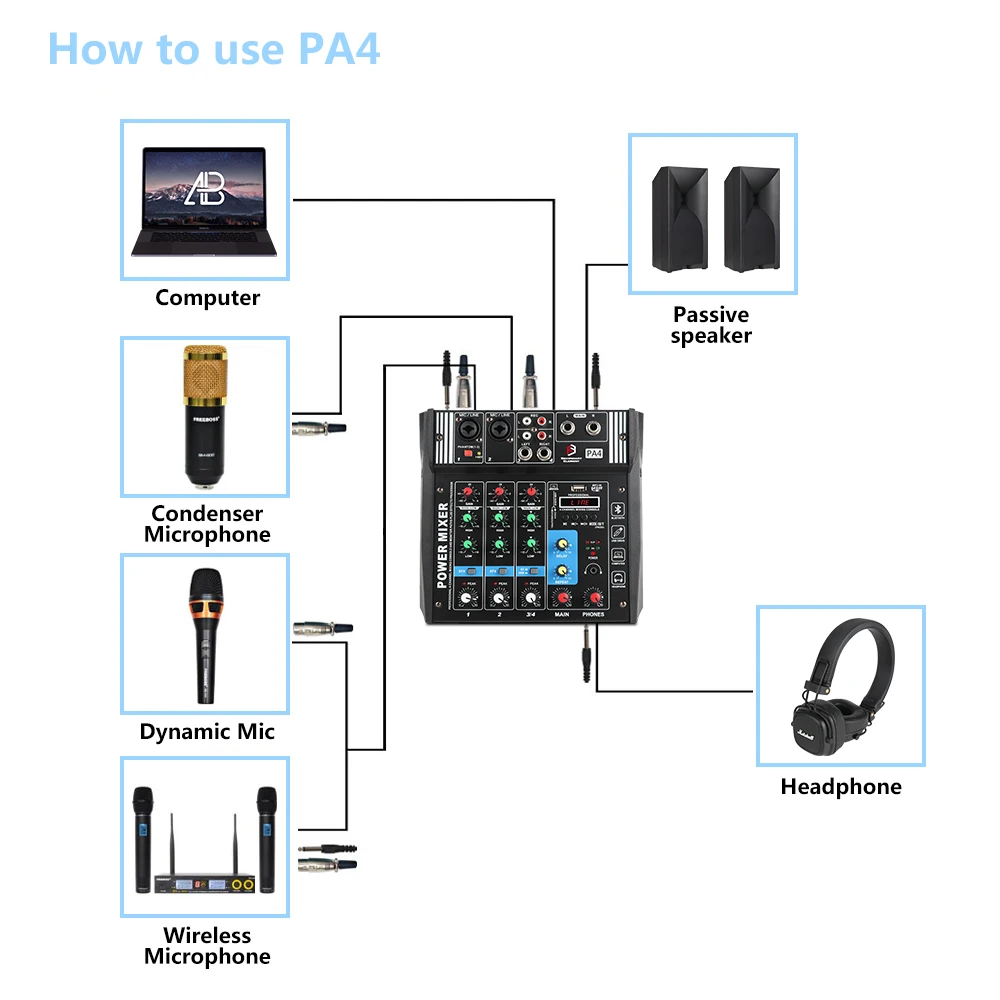 PA4 4 канала аудио миксер звук микшерная консоль с Bluetooth USB Запись 48В фантомный