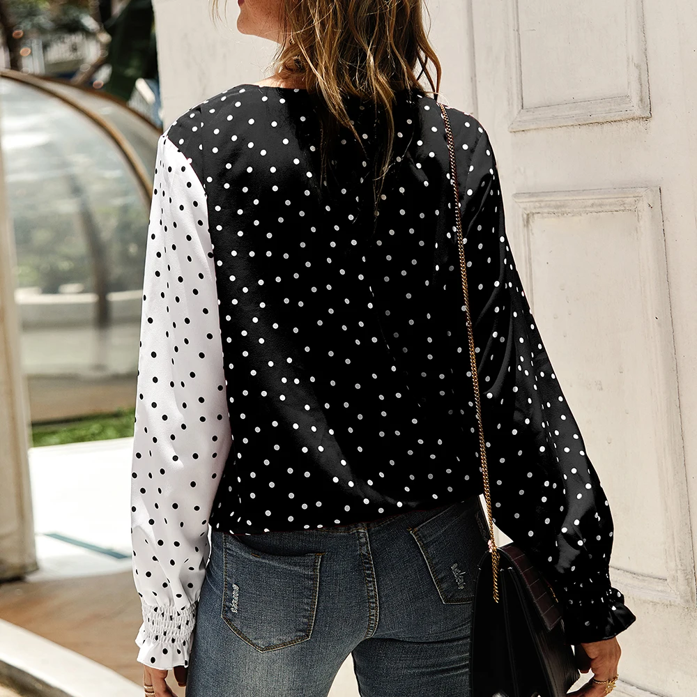 Женская Лоскутная блуза в горошек повседневные топы v-образный вырез длинный