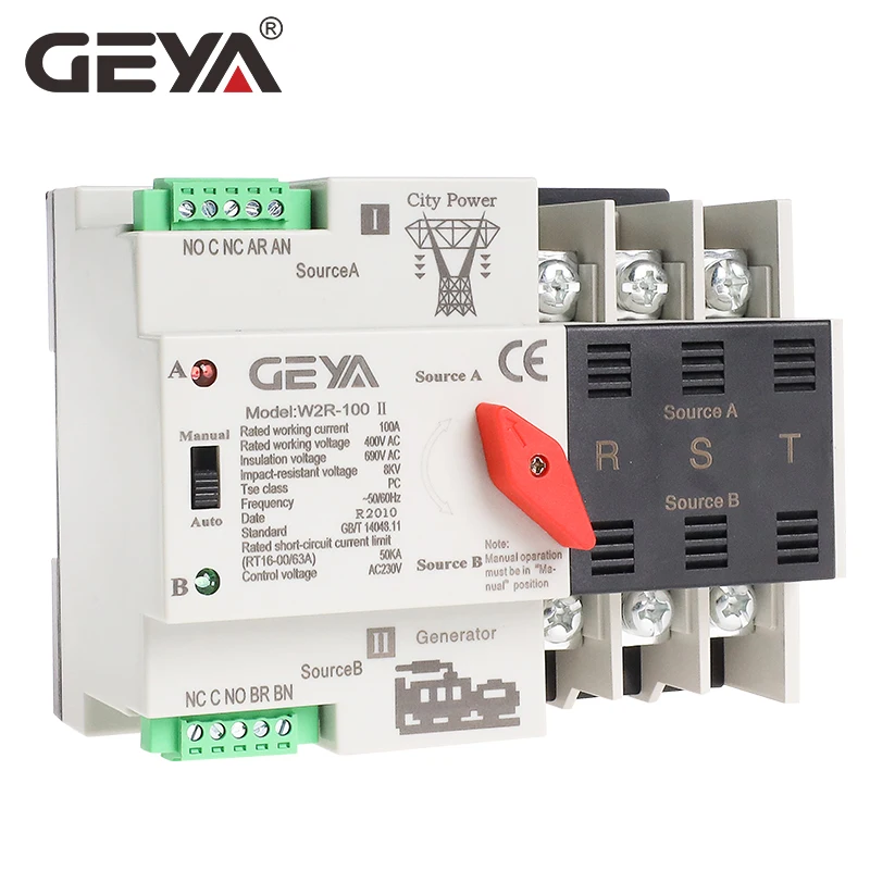 Трехфазный автоматический переключатель передачи энергии GEYA W2R 3Pole Din Rail ATS