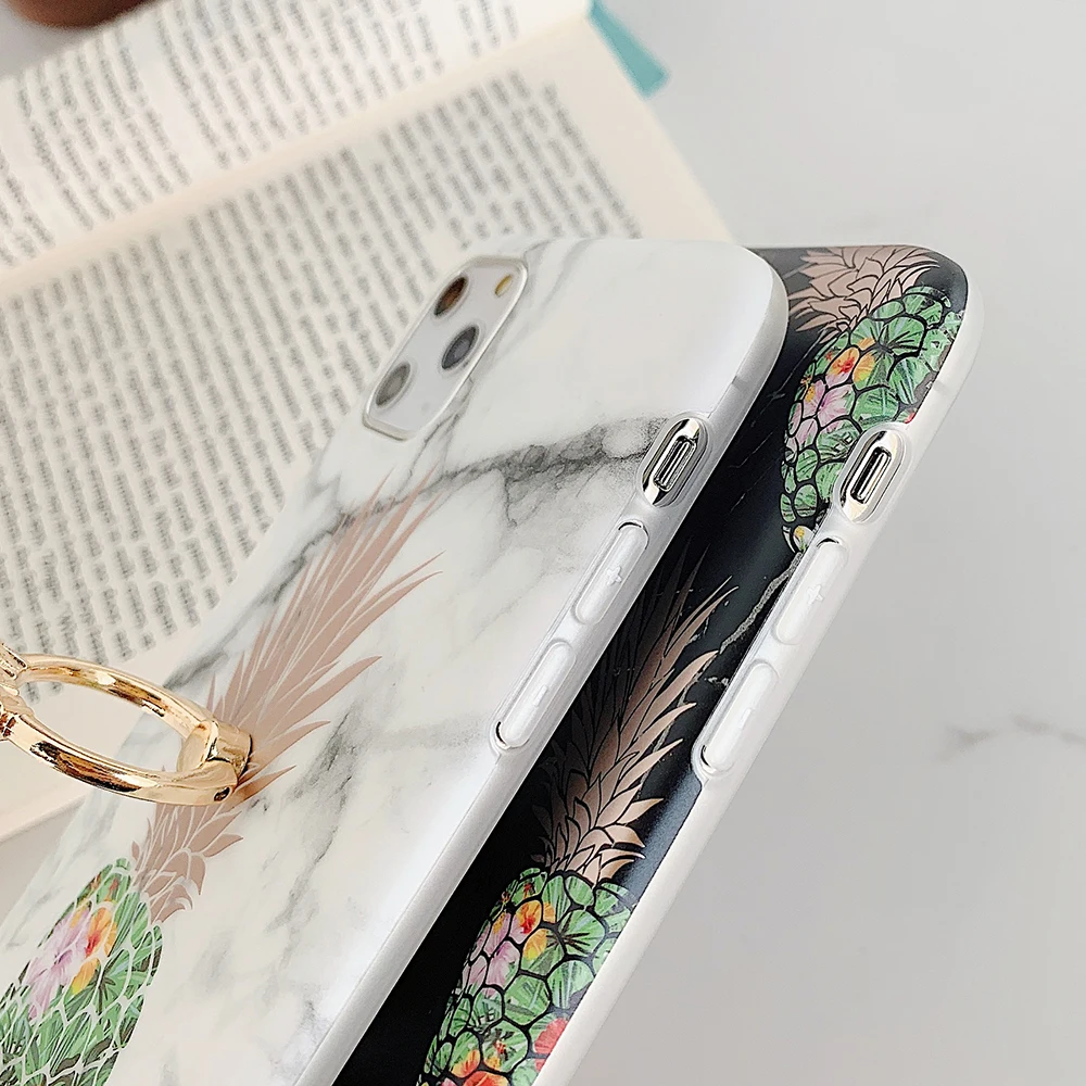 Gilded Pineapple Marble Finger Ring Phone Case For iPhone 11 Pro Max XR XS X 7 8 6S Plus Soft IMD Cover Bag | Мобильные телефоны и