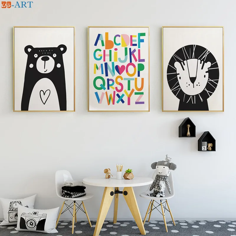 Букв алфавита и медведя Лев животных Печать мультфильм плакат холст картины