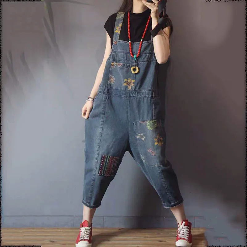 

IEQJ Loose Fit Women Big Size Blue Print Jumpsuit New High Waist Pocket Wide Leg Pants Fashion Tide Spring Autumn 2021 3D01654