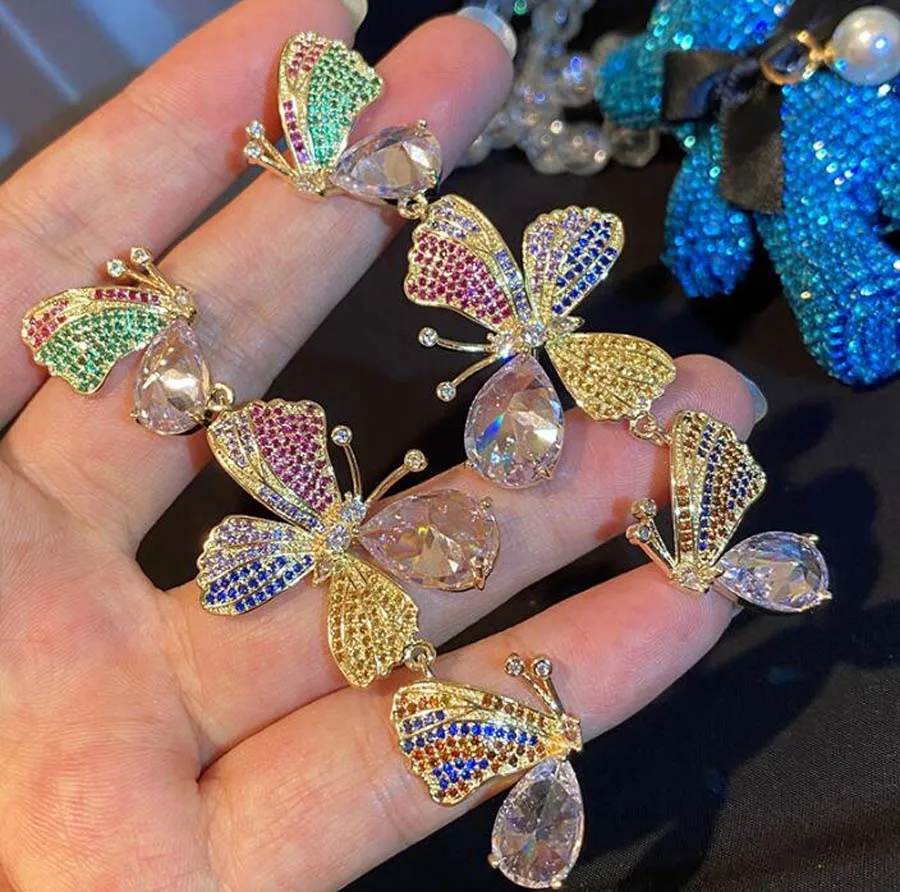 

Colorful butterfly full rhinestone luxury women earrings exaggerated 3D insect dinner celebration advanced long ear jewelry