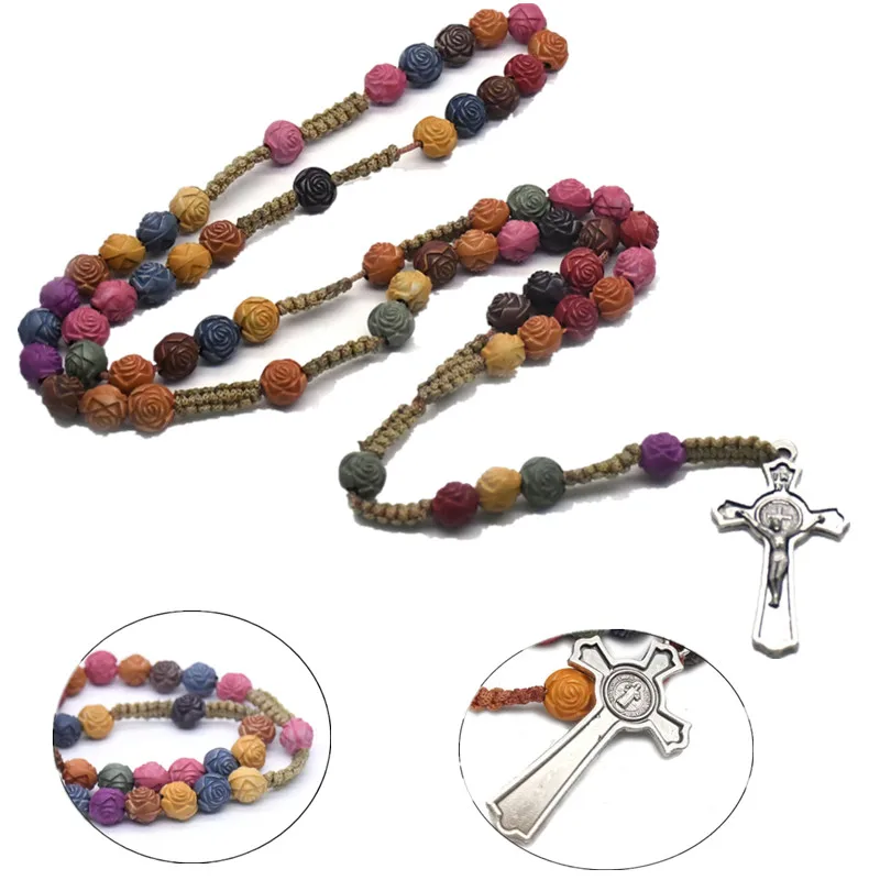 

Rose Bead Colored Cross Rosary Necklace Christ Jesus Religious Handmade Christian Prayer Jewelry