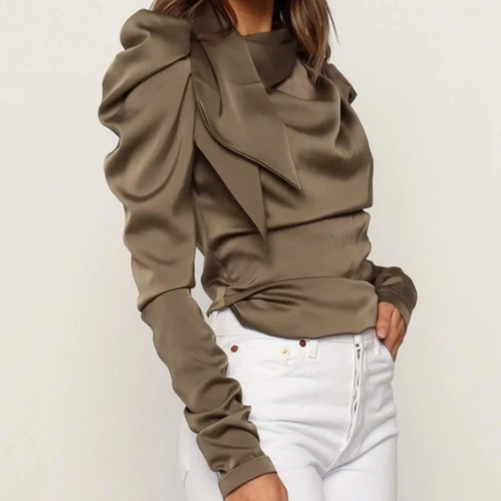 Женская Тонкая блузка с длинным рукавом винтажная элегантная офисная воротником