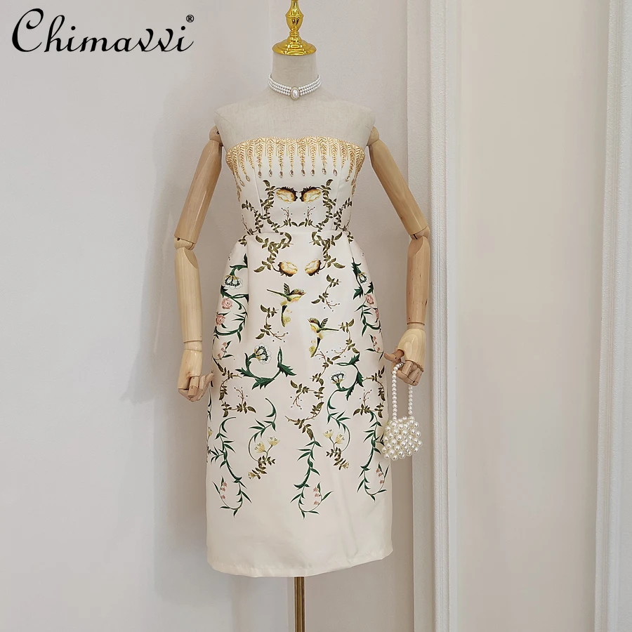 

Retro French Style Sexy Elegant Strapless Printed Sleeveless Beads Dress Women's Rhinestones Slimming Waist All-match Dress