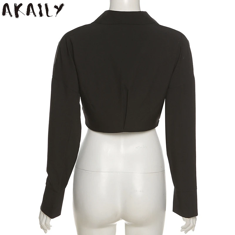 

Akaily Summer Streetwear Black V Neck Long Sleeve Crop Top Women Solid Loose Ruched Short T Shirts Female Fashion Casual Outfit