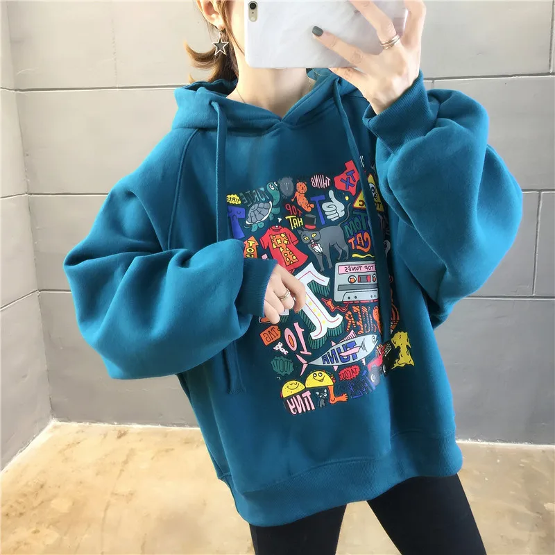 

New winter plus size blouse plus velvet thick graffiti print hooded sweater women loose women