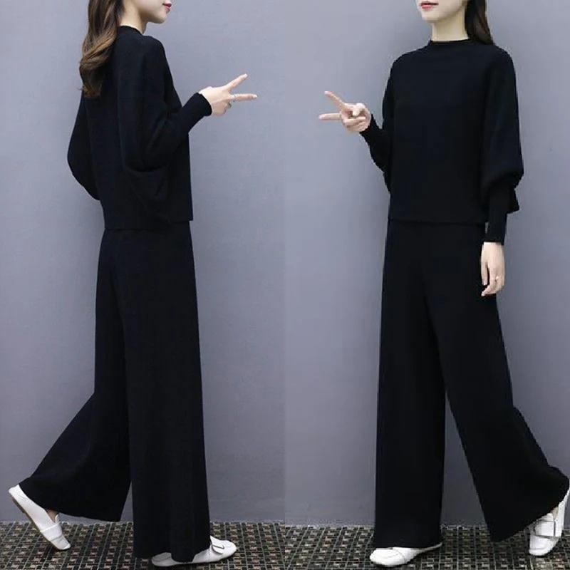 Женский черный костюм с рукавом летучая мышь вязанные Широкие штаны свободный