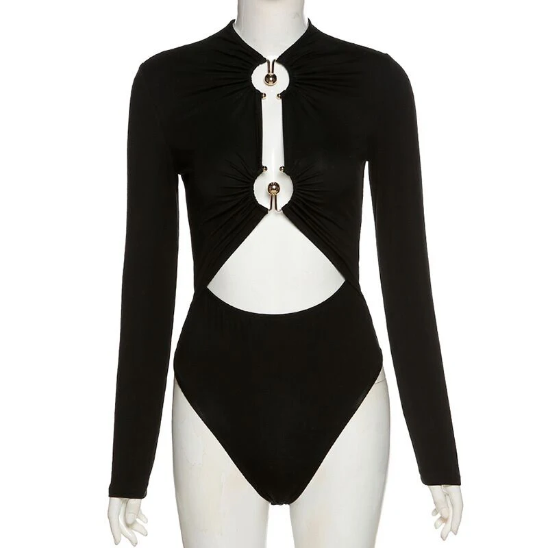 

Black Thin Hollow Out O Neck Bodysuits Sexy Fashionable All Match Long Sleeve Metal Ring Slim Women Jumpsuits Club Party Wear