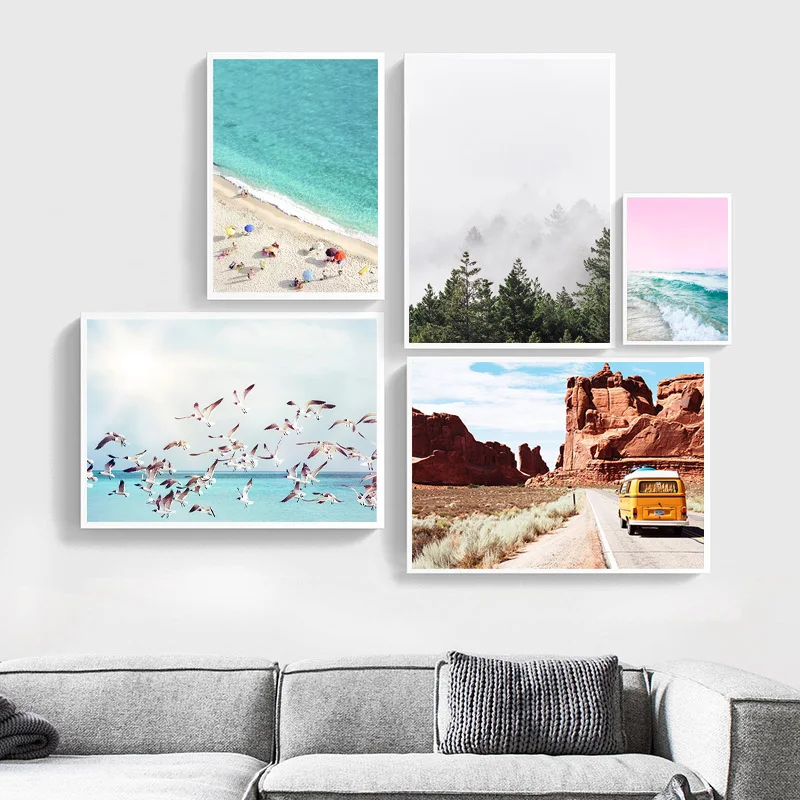 

Nordic Landscape Living Room Home Decor Canvas Poster Decoration Bus Ocean Beach Forest Wall Art Print Painting Modern Picture