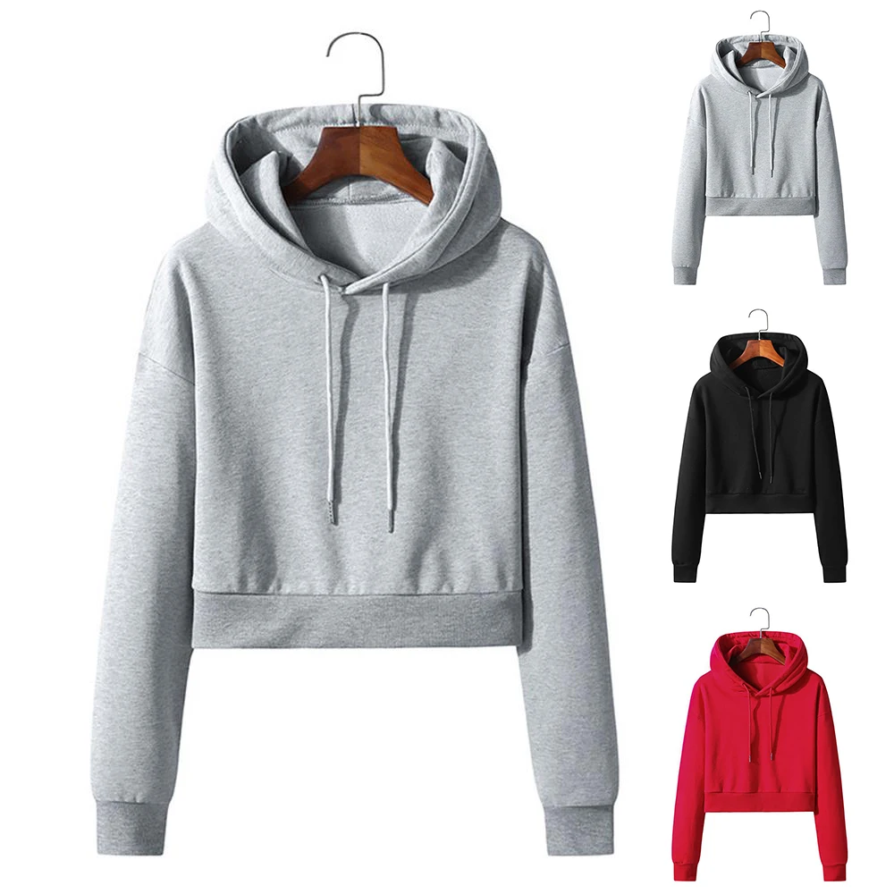 

Drawstring Women Solid Color Cropped Hoodies Female Long Sleeve Hooded Pullover