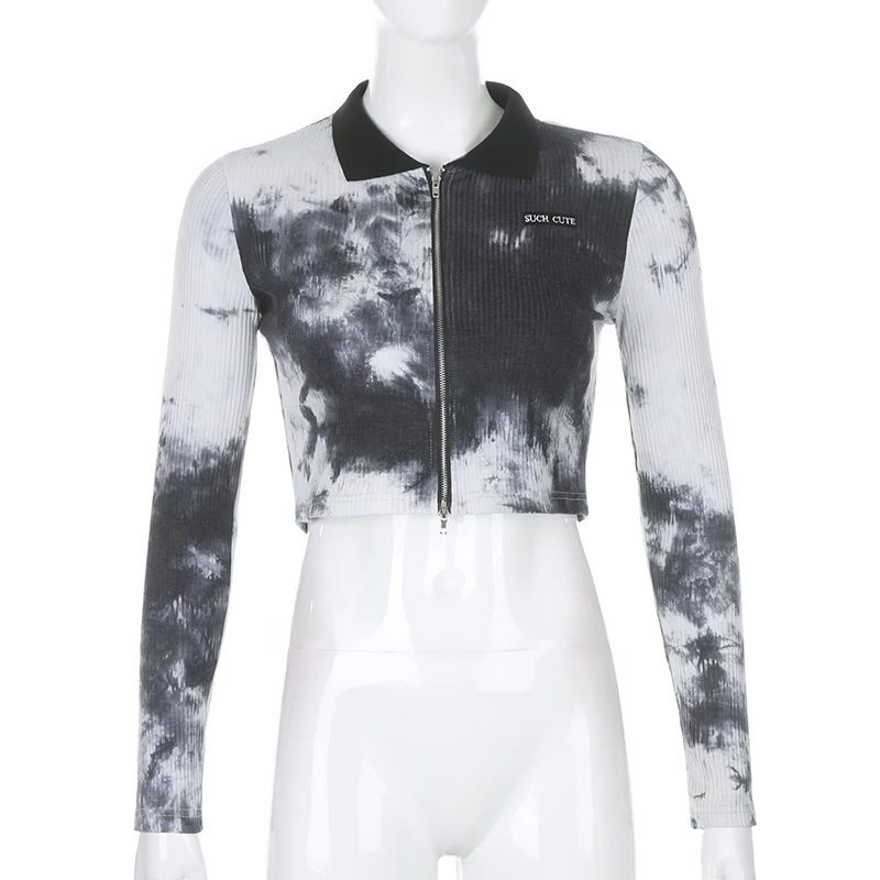 

Turn-Down Collar Tie Dye Zipper Y2k Femme T-Shirts Fashion 2021New Aesthetic Long Sleeve Harajuku Crop Top Women Tee Streetwear
