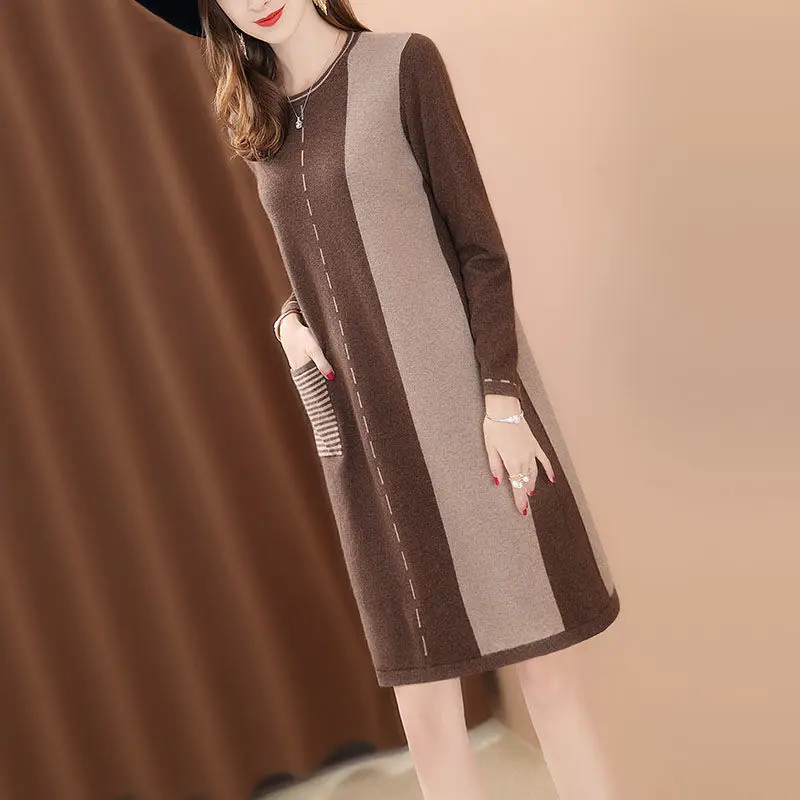 

Round Neck Mid-length Base Sweater Skirt Large Size Loose Knit Women