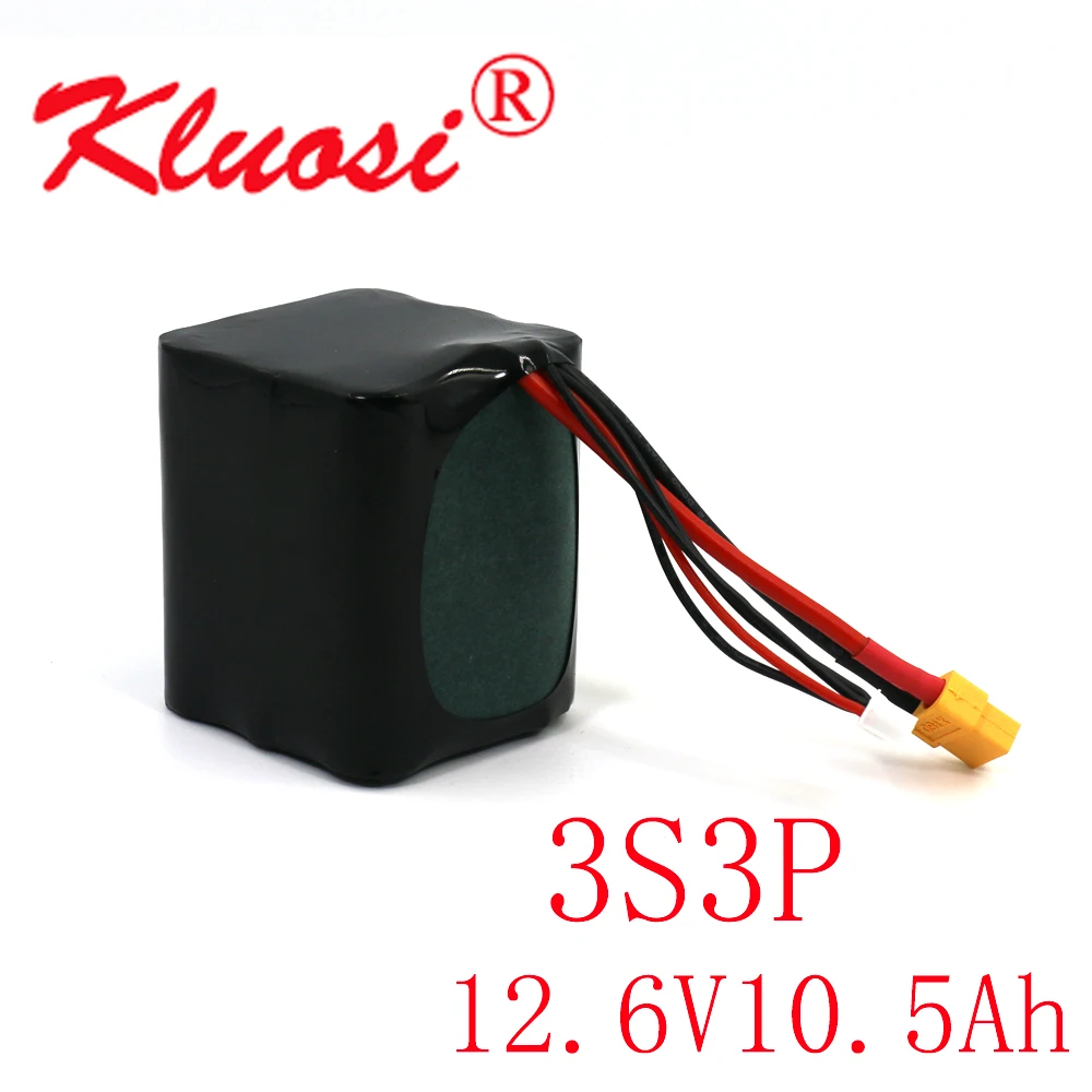 

KLUOSI 3S3P 12V 10.5Ah 10Ah High Capacity UAV Rechargeable 12.6V Li-ion Battery for Various RC Airplane Quadrotor XH2.54-4P XT60