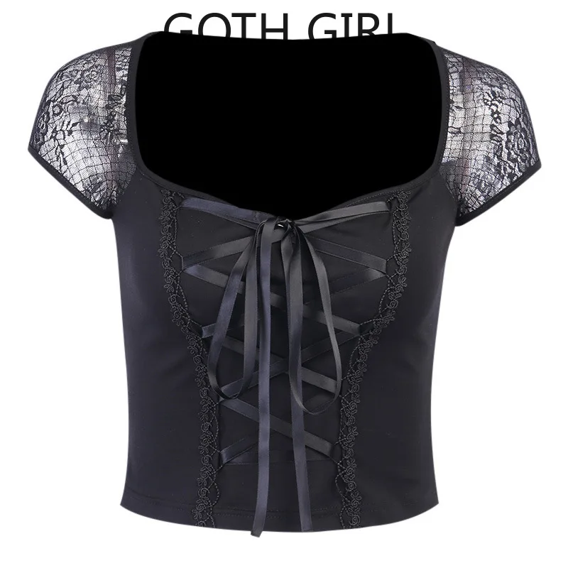 Женская кружевная блузка Goth Girl сексуальная рубашка с коротким рукавом и
