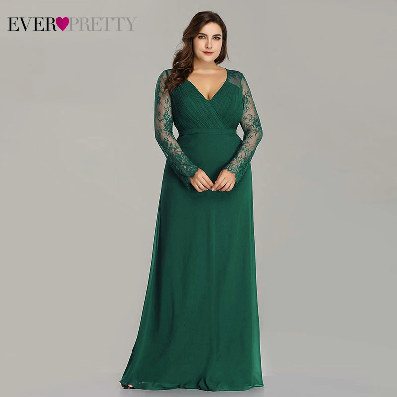 Женские кружевные вечерние платья Ever Pretty, вечерние наряды разных цветов, с V-образным вырезом, длинным рукавом, больших размеров, для выпускного вечера, вечеринки, EP08692, осень - Цвет: Dark Green