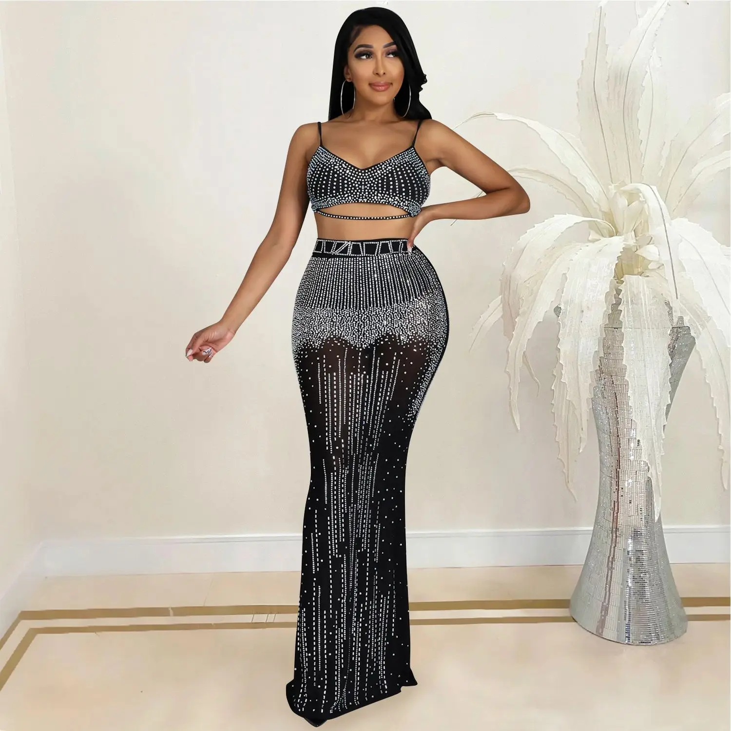 

Sexy Sequin Glitter Crystal Two Piece Set Tracksuit Women Straps Camisole+High Waist Bodycon Skirt 2021 Party Night Club Outfits