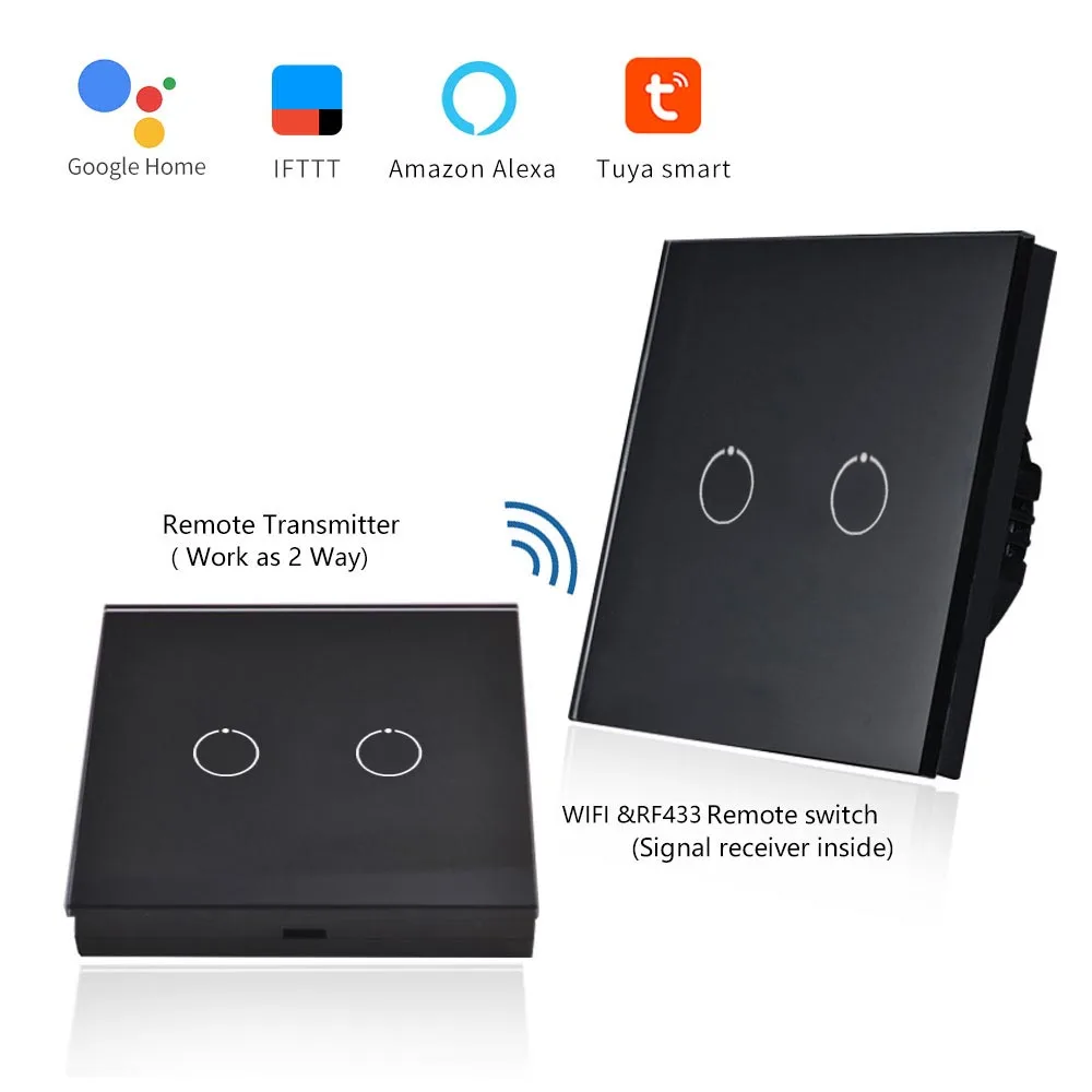 

Bingoelec 2 Gang 1 Way Glass Touch WiFi &RF433MHZ Remote Switch with Wireless RF433 Remote Transmitter,work as 2way function