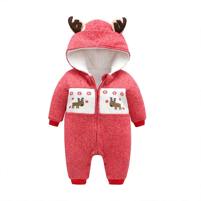 Winter Baby Rompers Thicken Cotton Newborn Clothes Infant Christmas Reindeer Warm Outfit Cute Boys Girls Hooded Coveralls 0-2T - Цвет: Красный