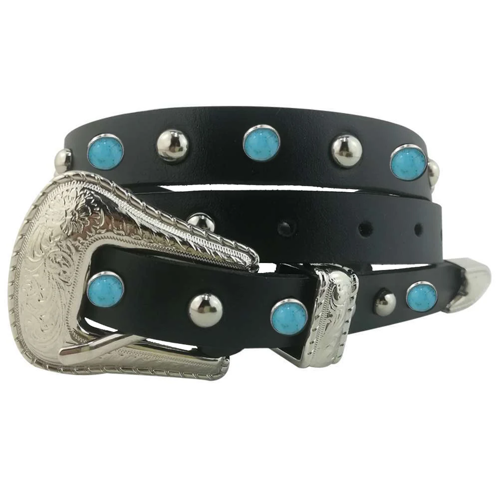 Узкий пояс из натуральной кожи в ковбойском стиле с бирюзовым камнем/серебристым
