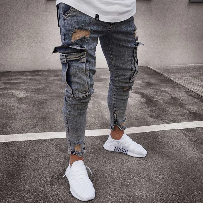 Men Jeans Casual Safari Style Pencil Pants Slim Male Denim Trousers Big Pocket Cargo Streetwear Plus Size 4XL SECENSE