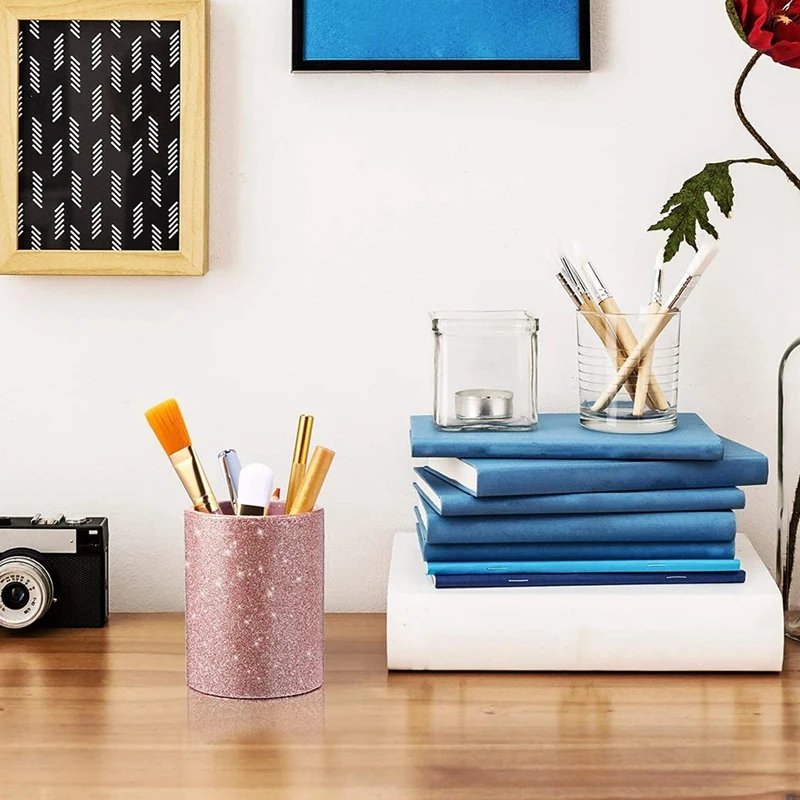 

PU Glitter Pen Holder Pencil Cup Shiny Makeup Brush Holder Organizer Cup for Desk Office Classroom Home
