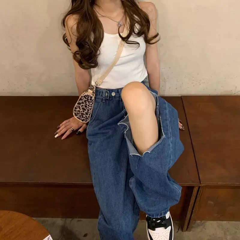 

Korean Version of the Retro Blue Jeans Women High Waist Loose Casual BF Wide-leg Denim Ripped Jeans
