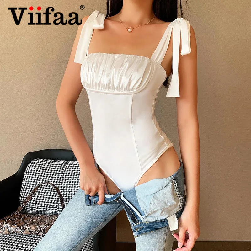 

Viifaa Knotted Strap Ruched Bust White Elegant Bodysuit Women Summer 2020 Sexy Body Femme Slim Skinny Bodysuits