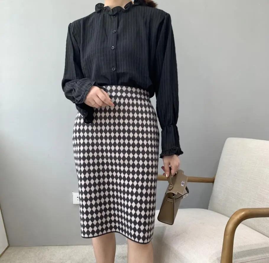 Модная зимняя Офисная Женская Клетчатая Шерстяная Вязаная юбка винтажная