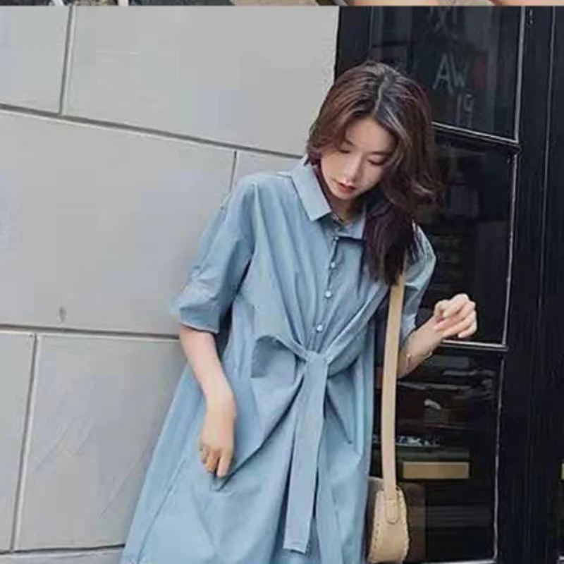 

2021 Spring and Summer New Fashion Temperament Lace-up Age-reducing Shirt Dress Slim Simple Joker Skirt Children