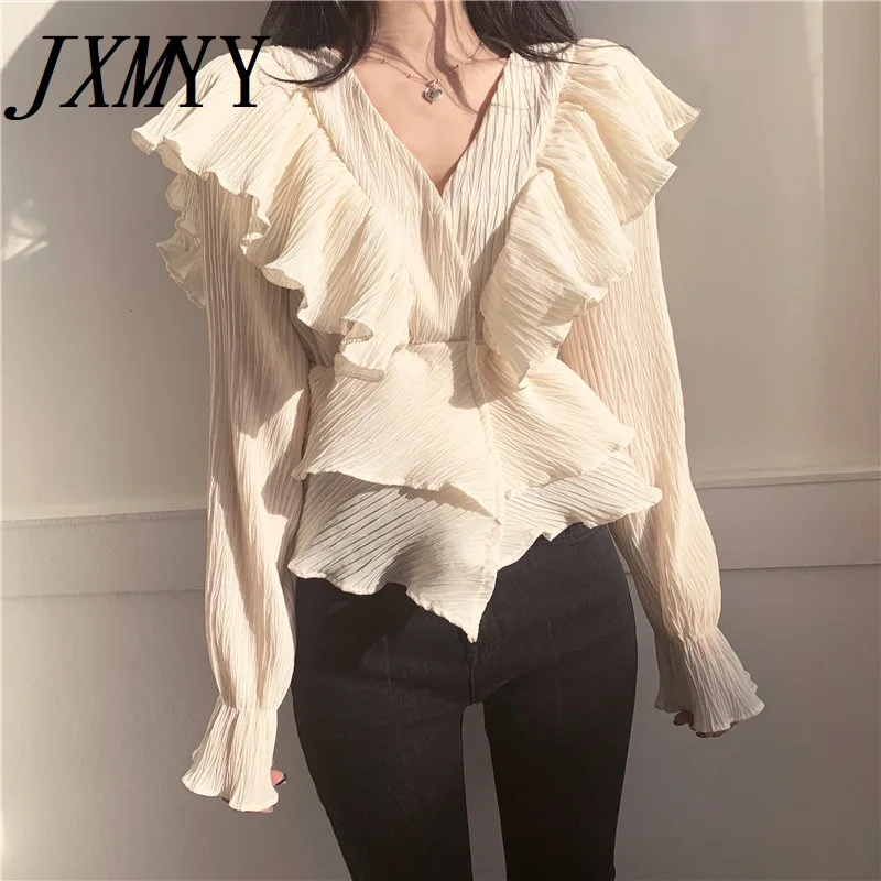 

JXMYY Korean Chic Gentle Slim Women V-Neck 2021 Pleated Shirts Ruffles Patchwork High Waist Fashion Flare Sleeves Blouses