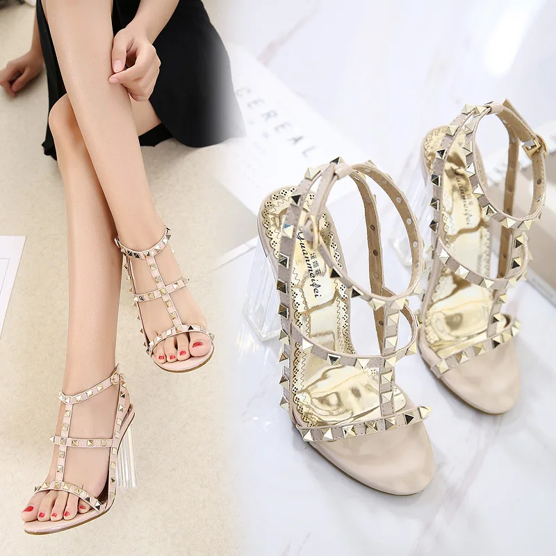 

Fashion Rivet Summer High Heels Sandals Buckle Strap T-Strap Women Shoes Front Rear Strap Solid Ladies Sandals