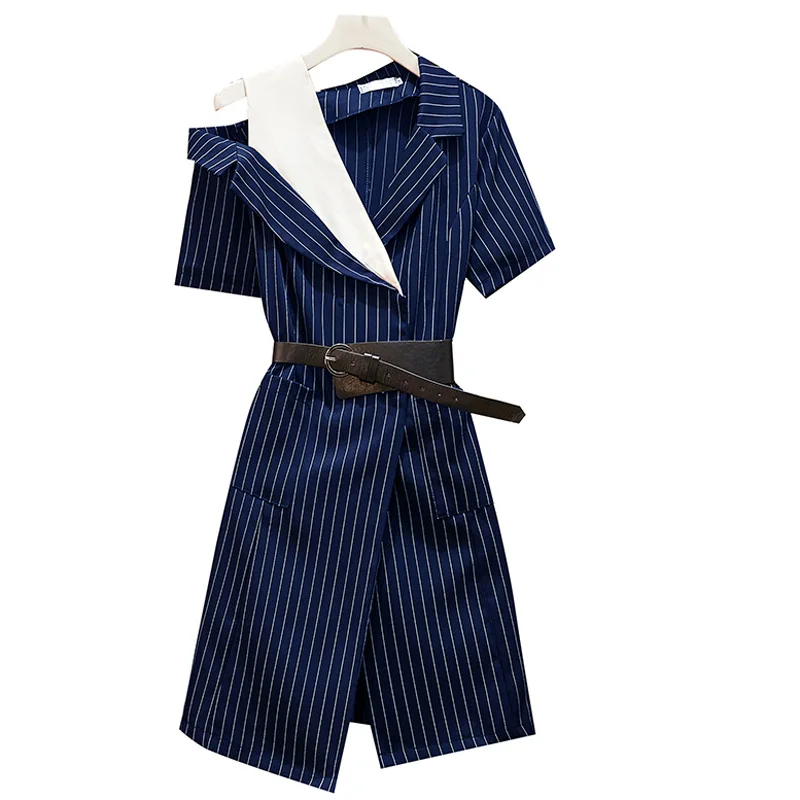 

Элегантное женское летнее Полосатое платье-рубашка с v-образным вырезом с коротким рукавом платье миди платья с поясом большого размера плю...