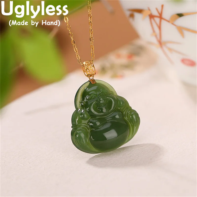

Uglyless 18K Gold Maitreya Buddha Pendants for Women Natural Jasper Buddha Necklaces Real Golden Jewelry Buddhism AU750 NO Chain